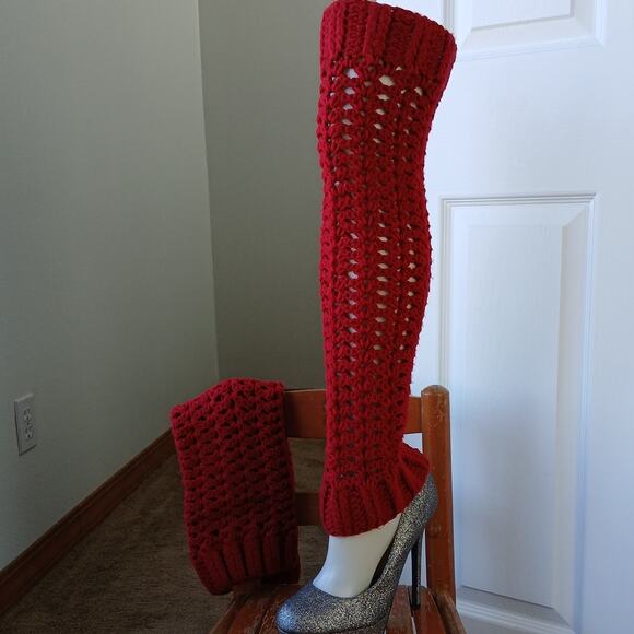 Hand Crafted Accessories - Cherry Red Leg Warmers OSFM crochet warm thick chunky over th knee dance premade